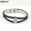 Custom men stainless steel germanium silver bangle leather friendship bracelet